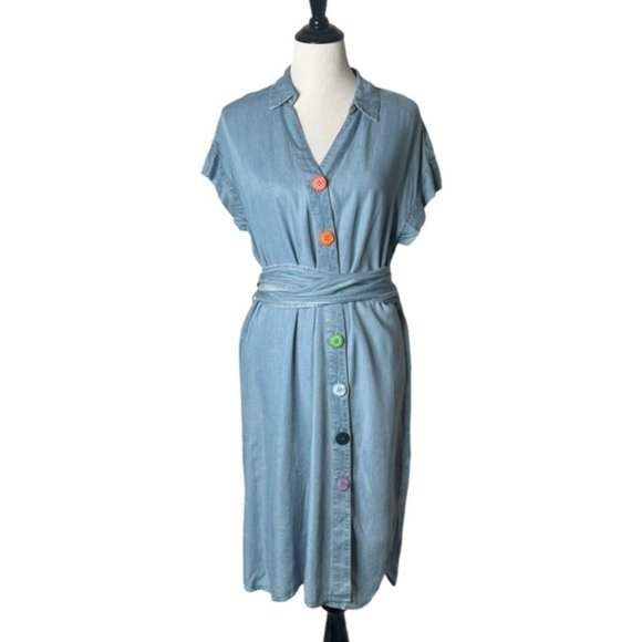 Chelsea & Theodore Womens Denim Tencel Dress Knee Length Rainbow Buttons Size L - Picture 1 of 2